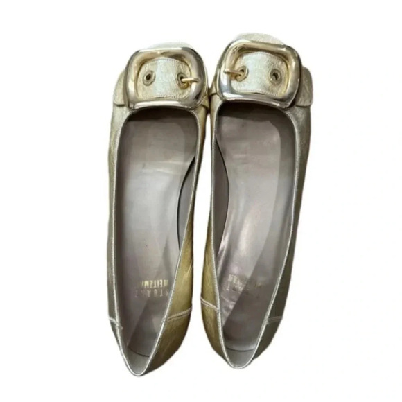 Stuart Weitzman Women's Gold Young Buck Peep Toe Leather Flats Size 7 1/2 GUC - Picture 1 of 10